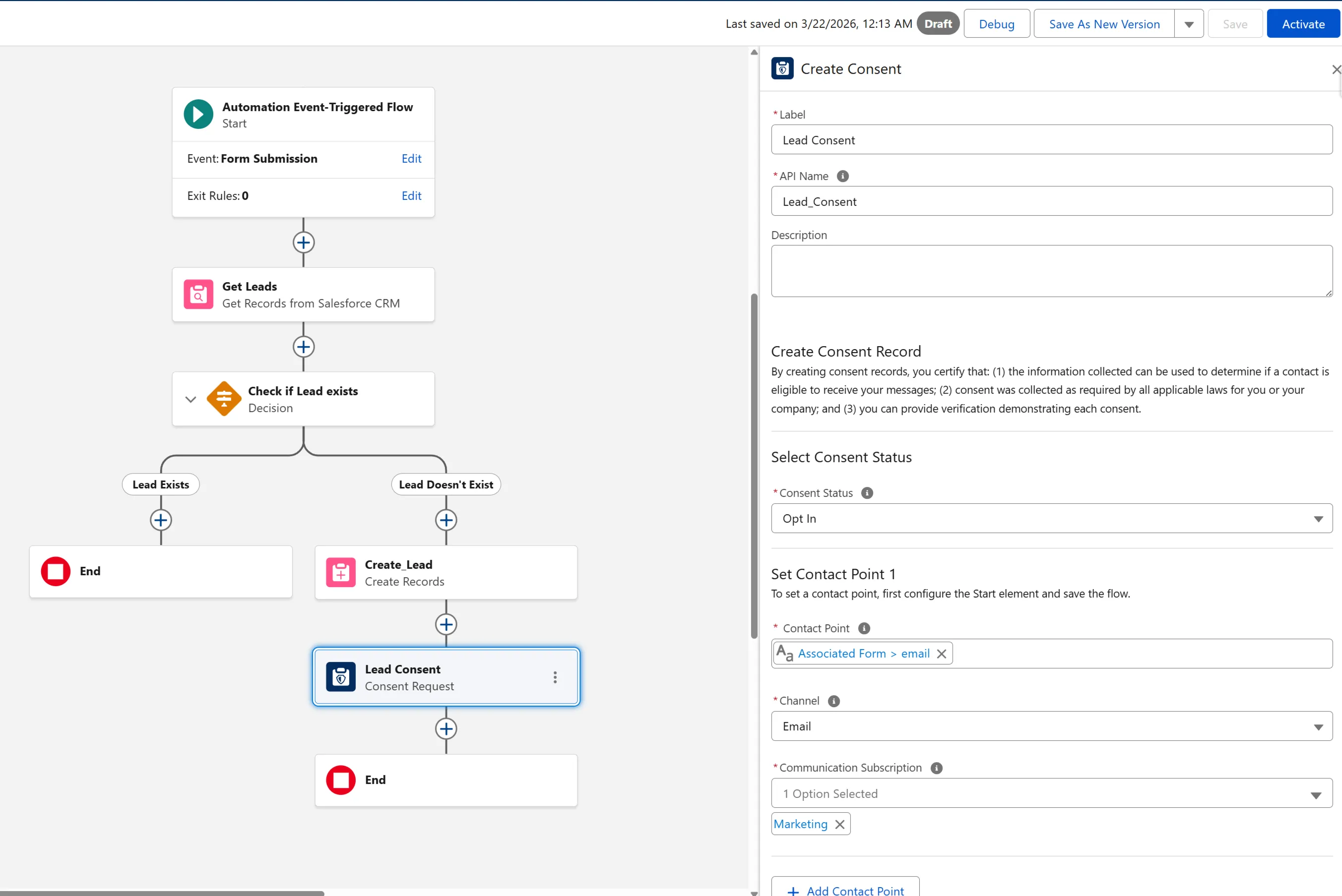 Consent Request configuration in the form triggered flow