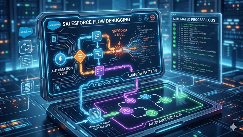 Abstract cover illustrating Salesforce Flow debugging with status panels and architecture motifs