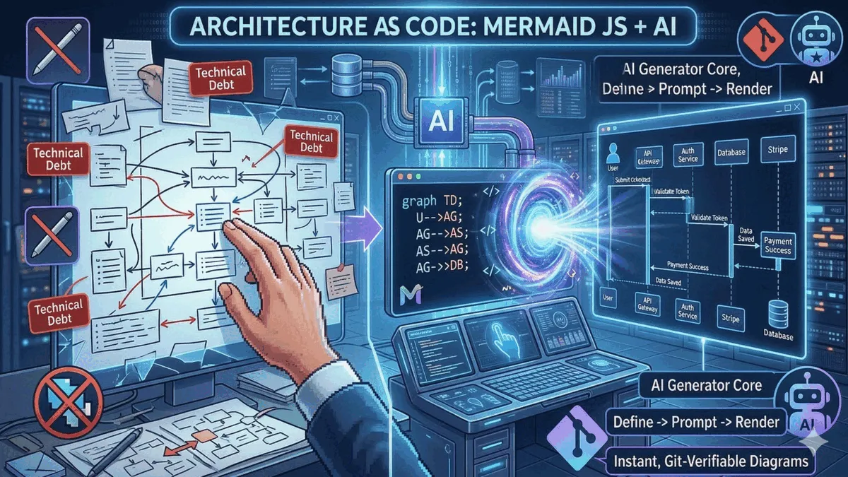 Futuristic architecture workspace showing a transition from manual diagramming to code-driven system design