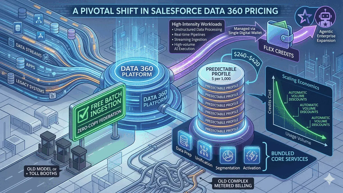 Abstract cover visualizing Salesforce Data 360 pricing dynamics with growth and discount curves