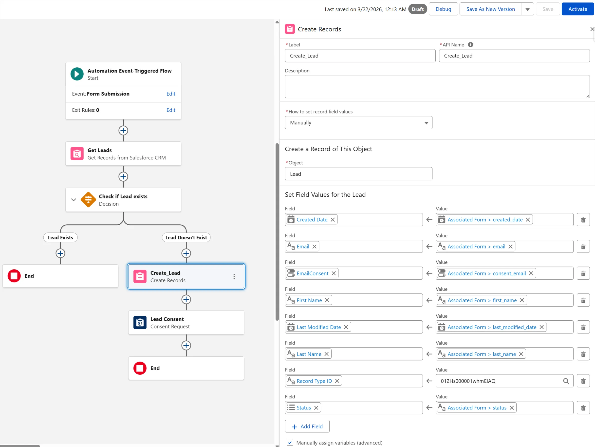 Create Lead configuration in the form triggered flow