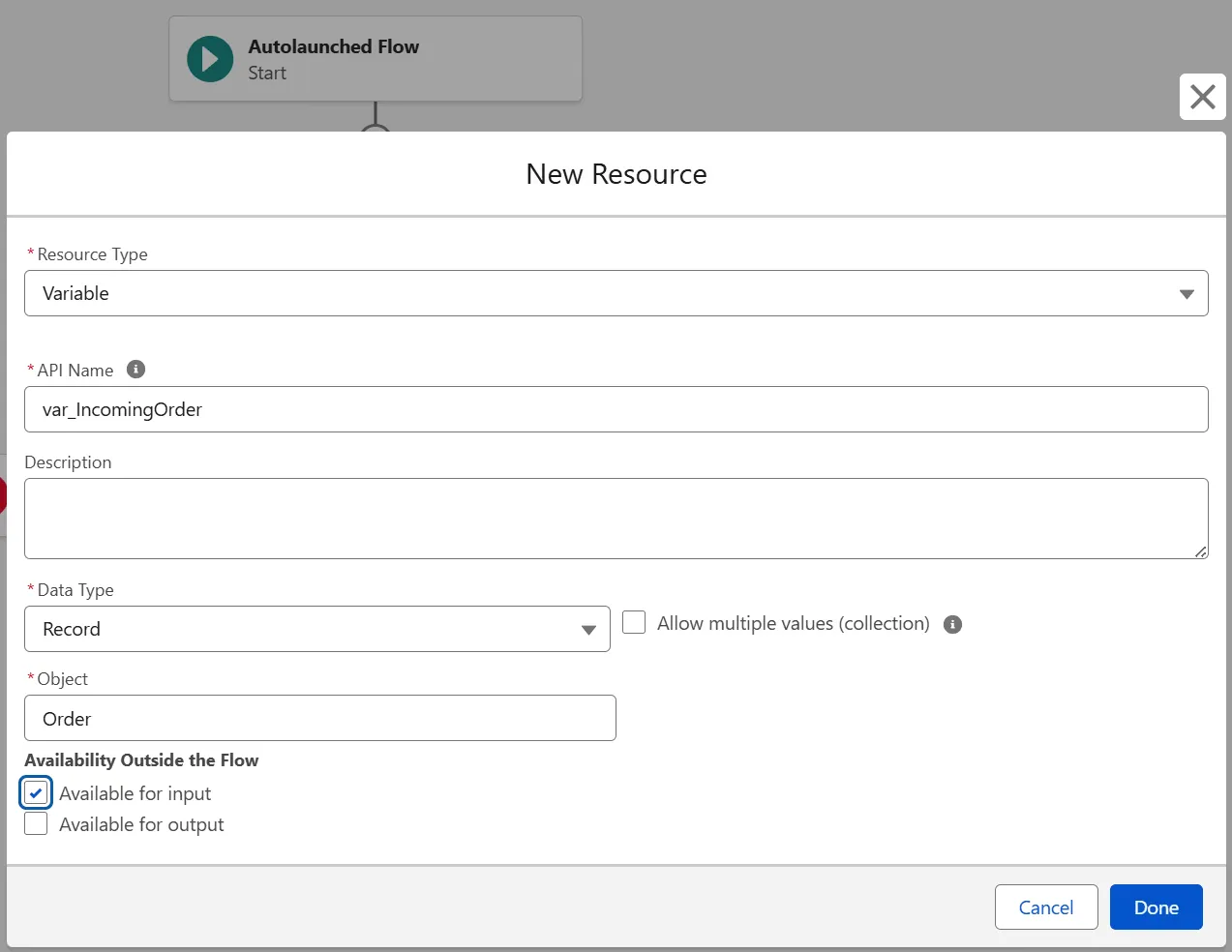 Flow variable configuration with “Available for input” enabled