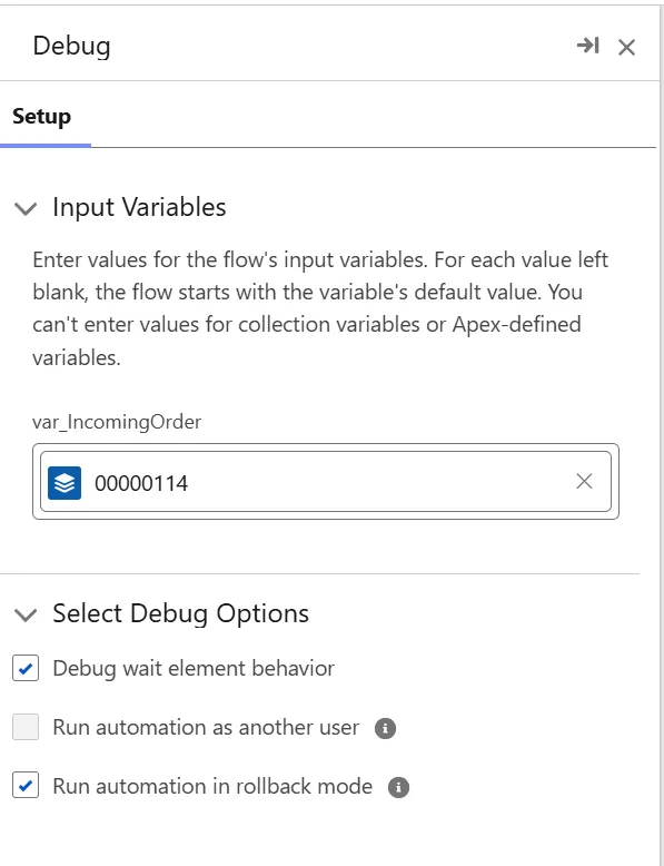 Flow debug configuration selecting a test record for the input variable