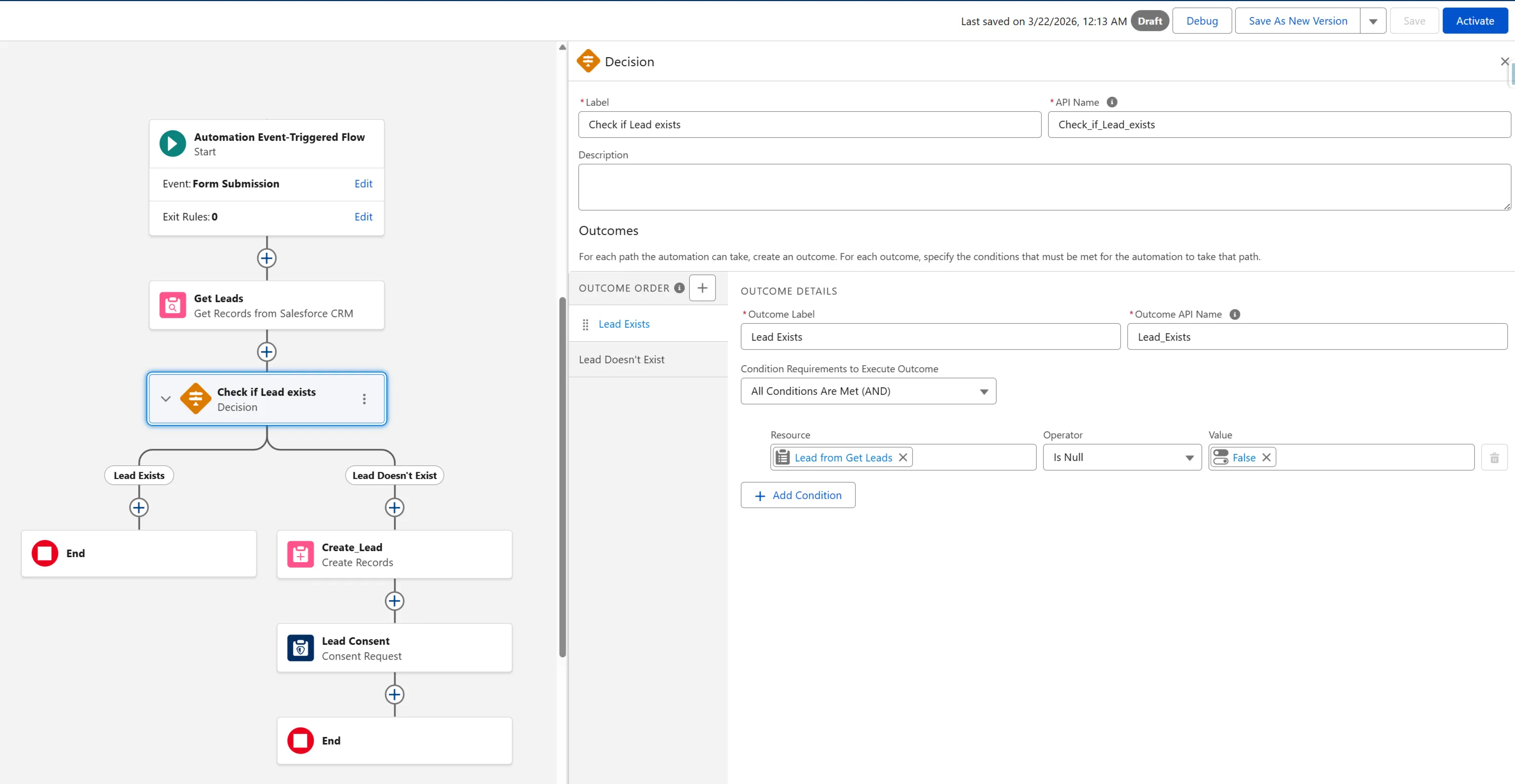 Decision configuration in the form triggered flow