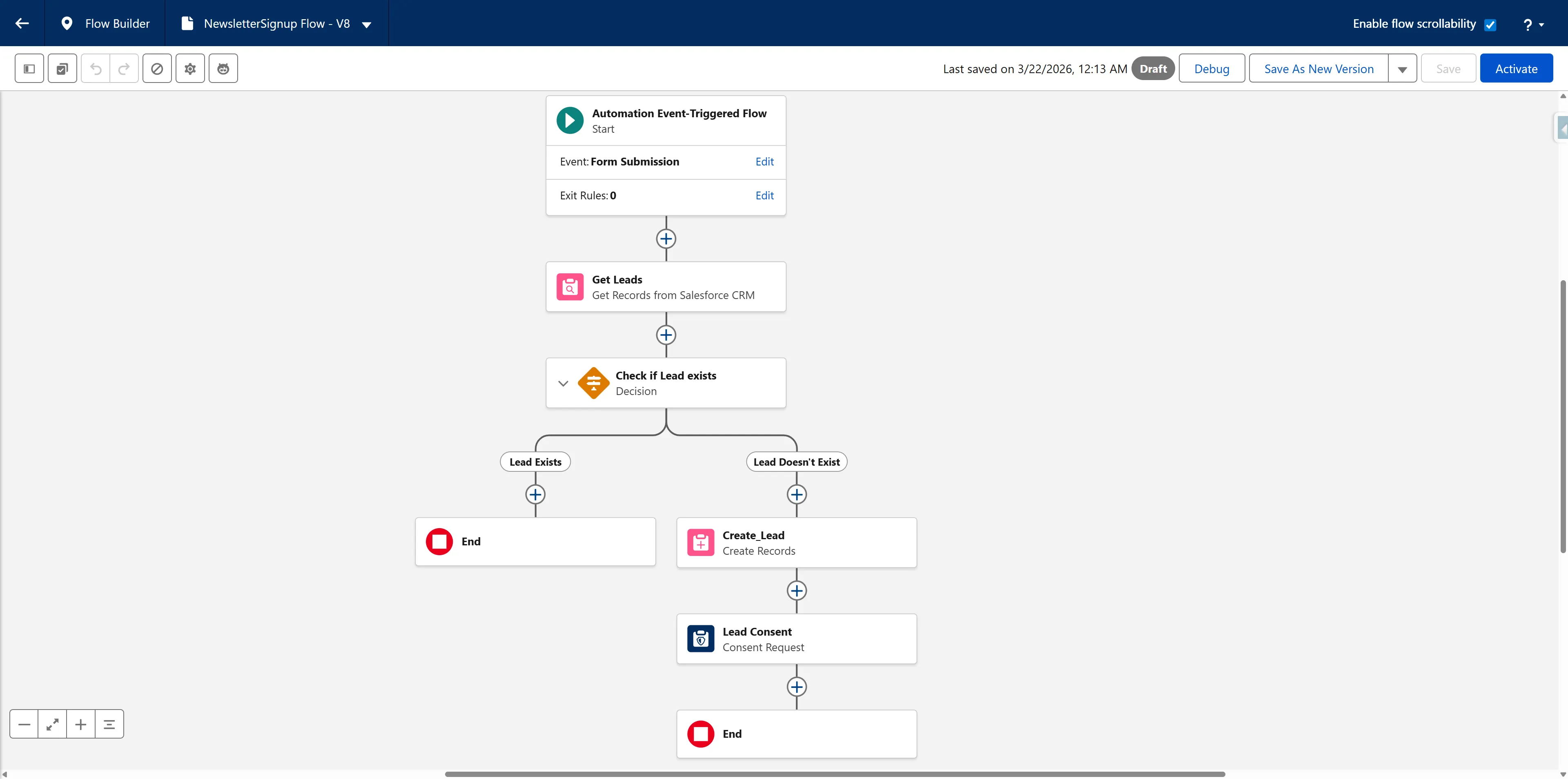 Final configuration of the form triggered flow to create a Lead and capture consents