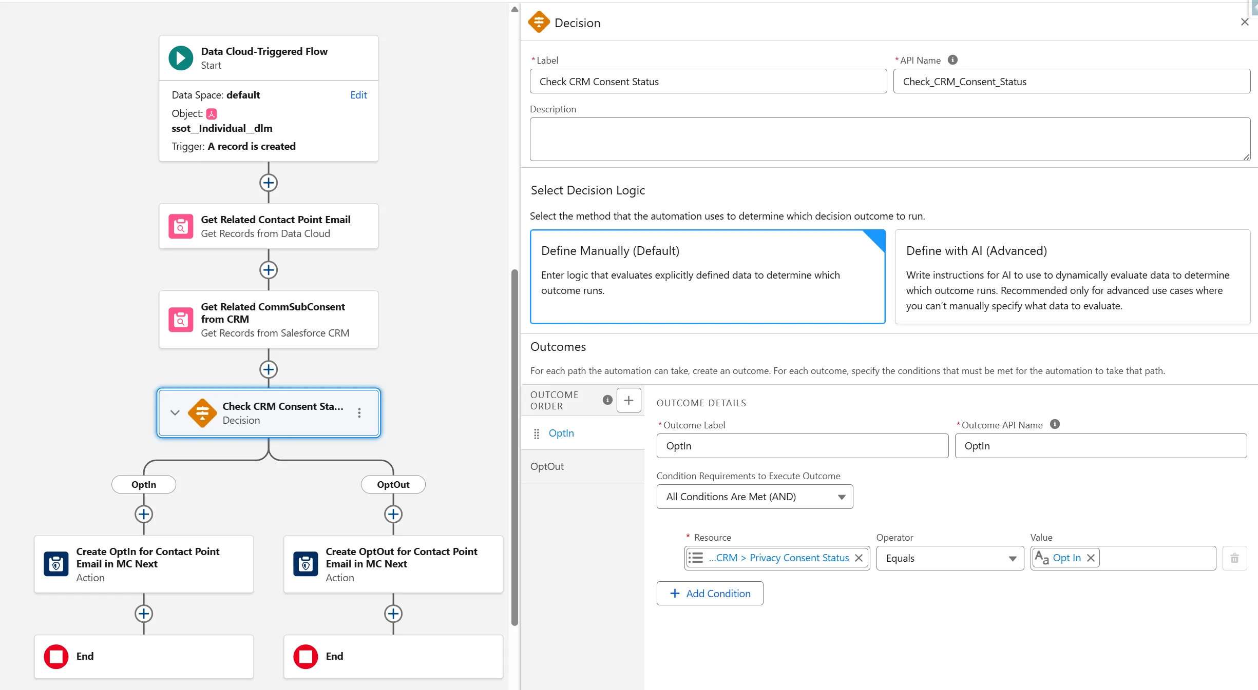 Decision configuration for CRM consent status evaluation