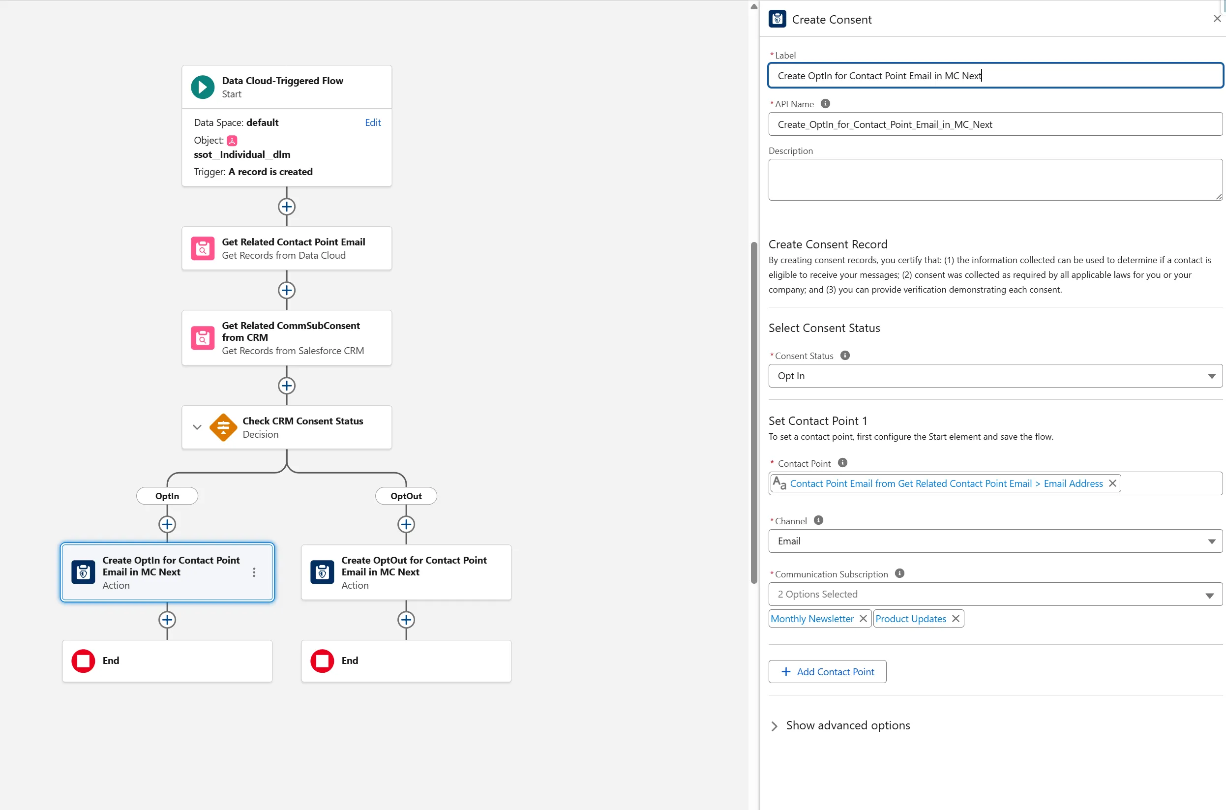 Create consent action for the contact point email