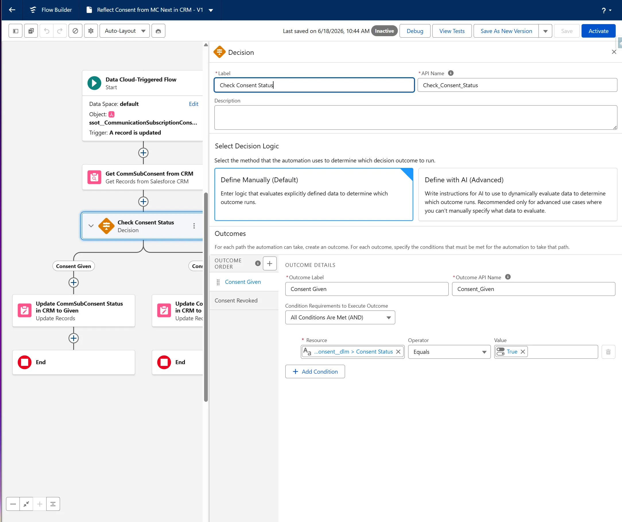 Decision configuration for consent status synchronization
