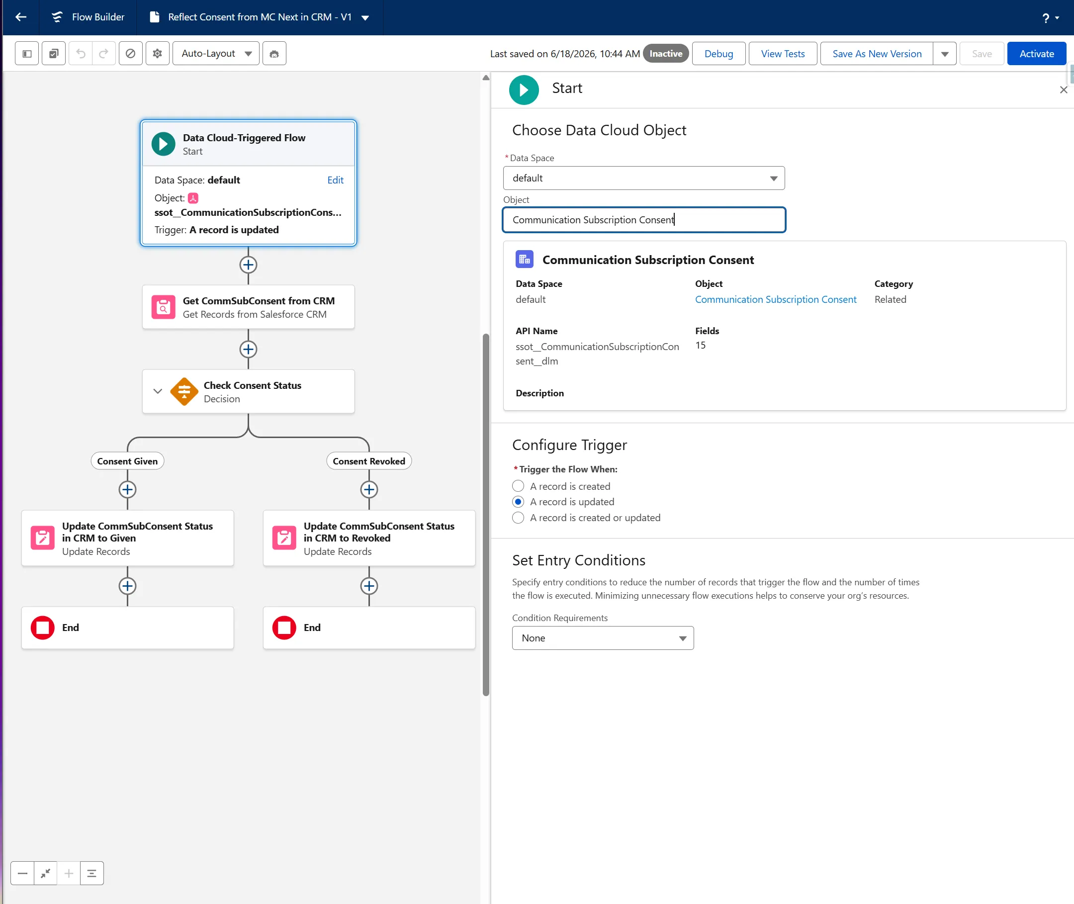 Data Cloud-triggered flow start for the communication subscription consent update