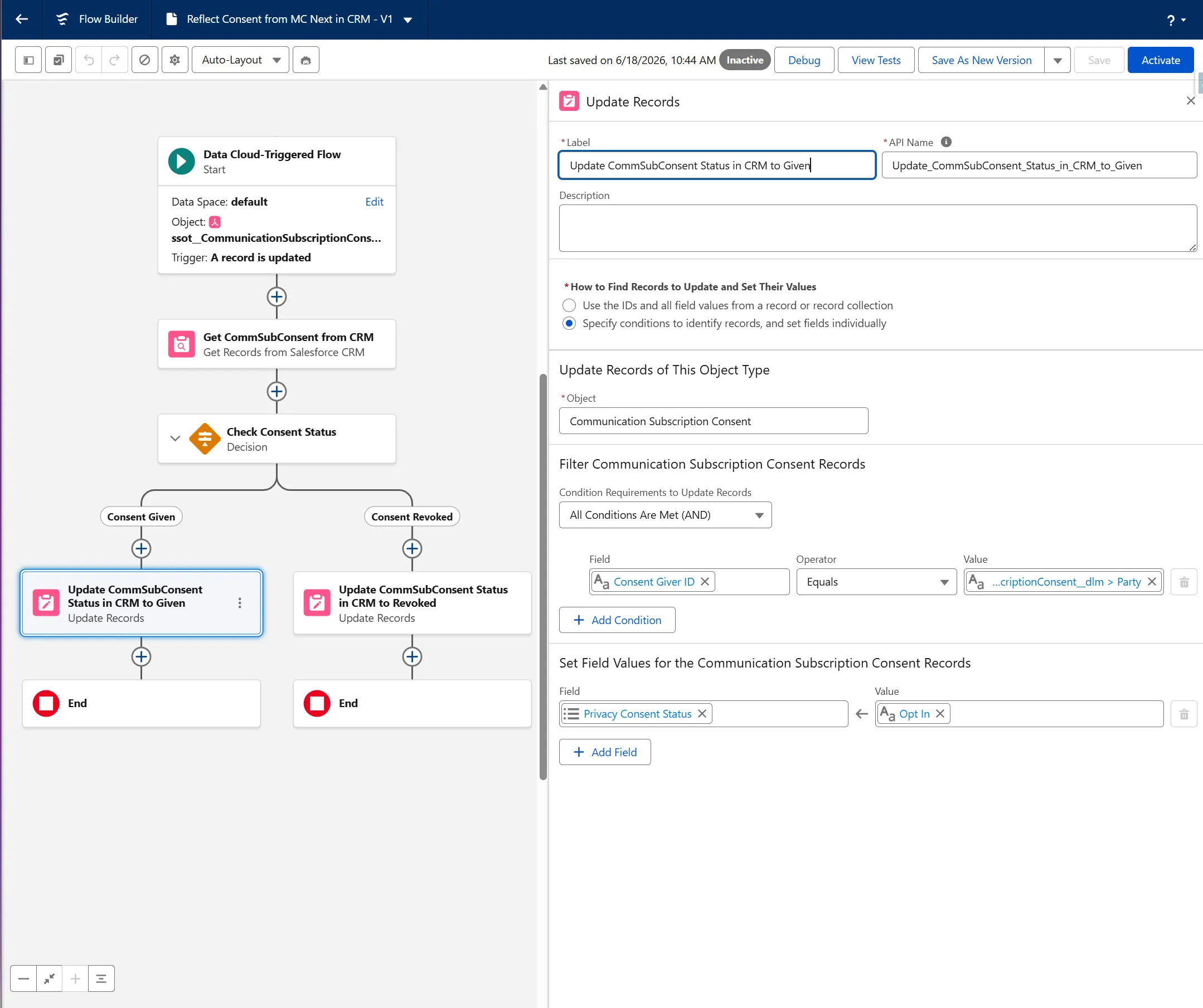 Update CommSubConsent status in CRM to Opt In