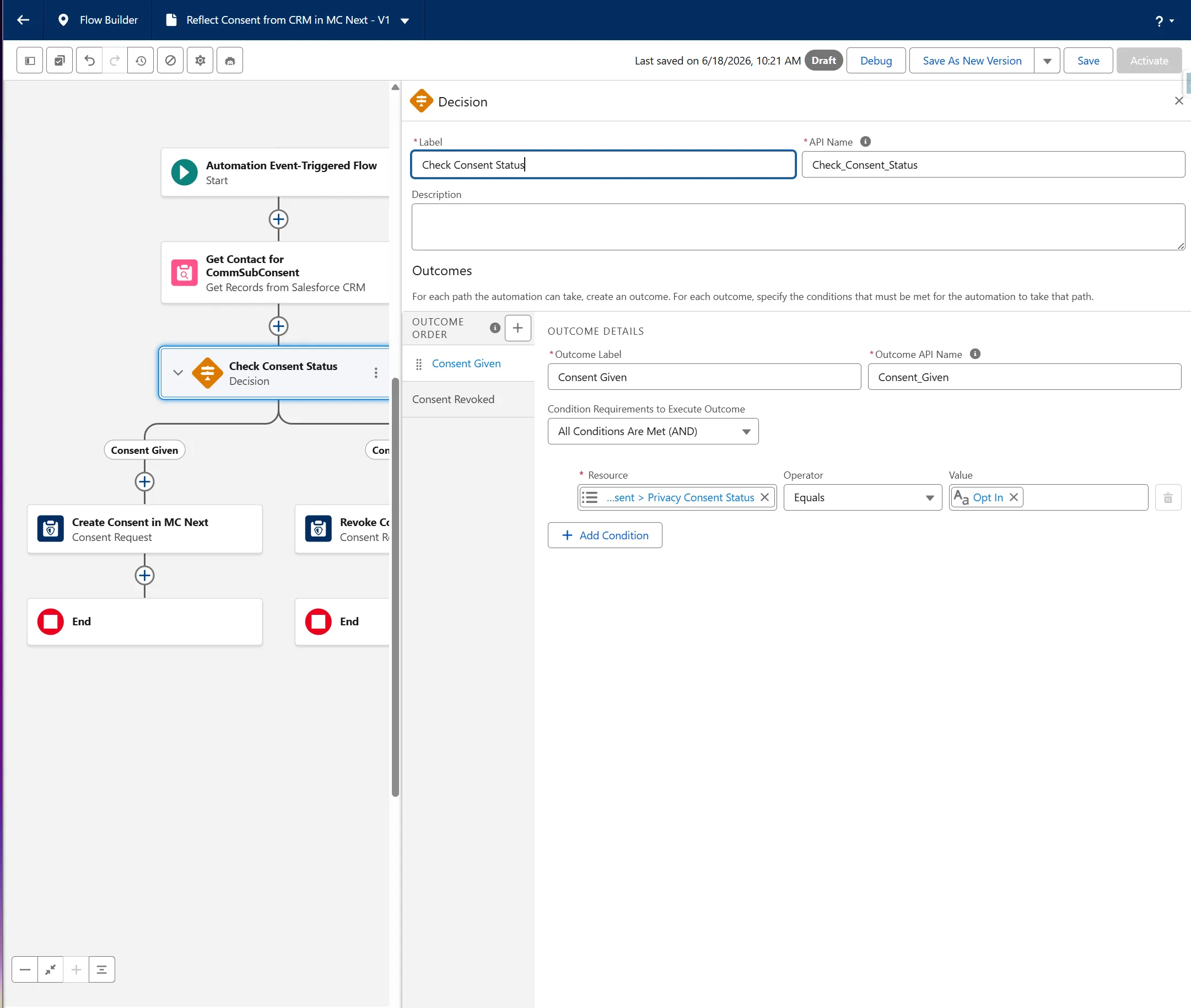Decision configuration for CRM consent status evaluation