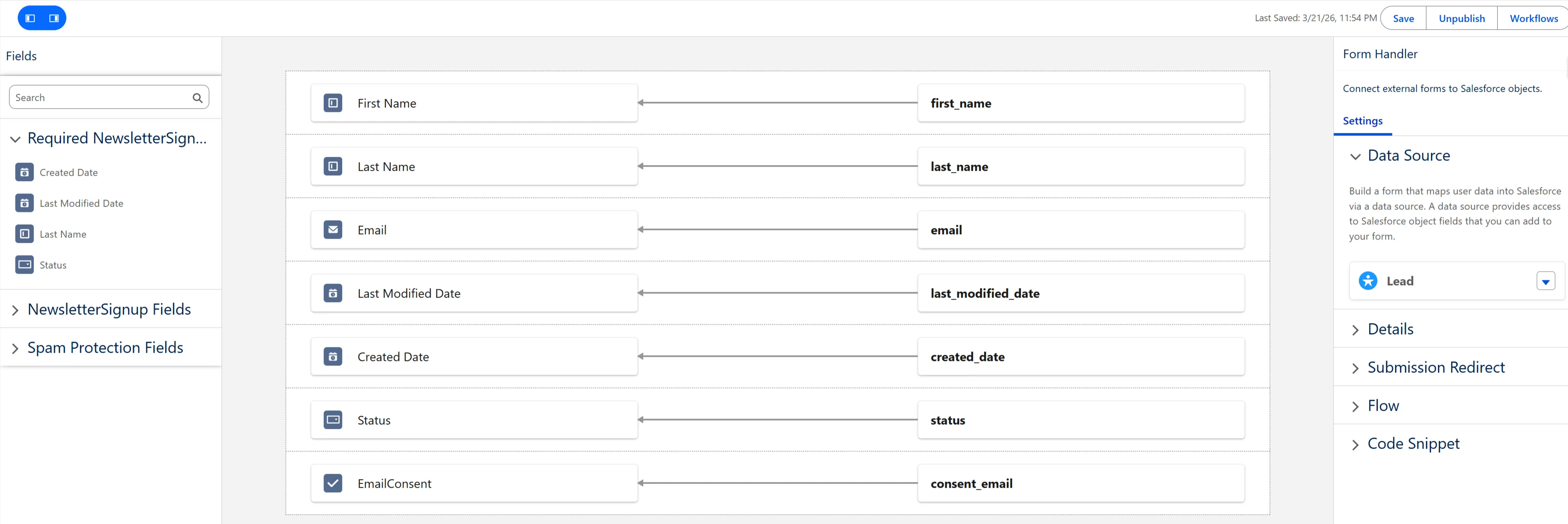 Example configuration of the form handler