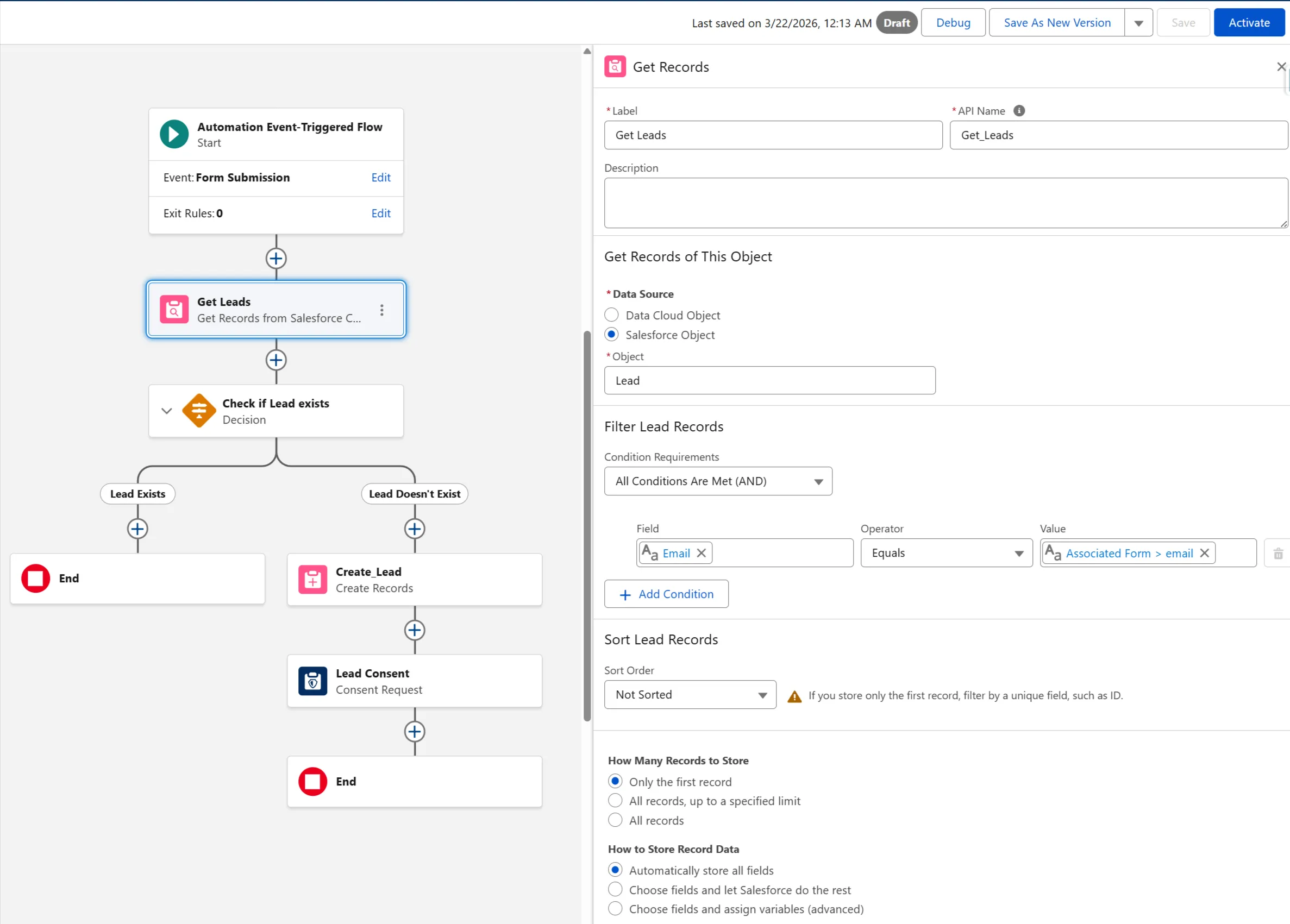 Get Leads configuration in the form triggered flow
